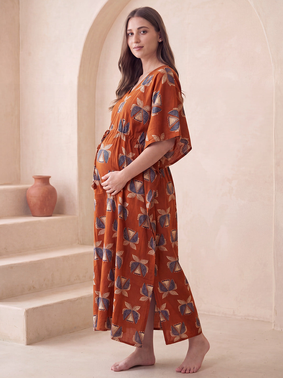Rust Printed Cotton Maternity Kaftan