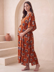 Rust Printed Cotton Maternity Kaftan