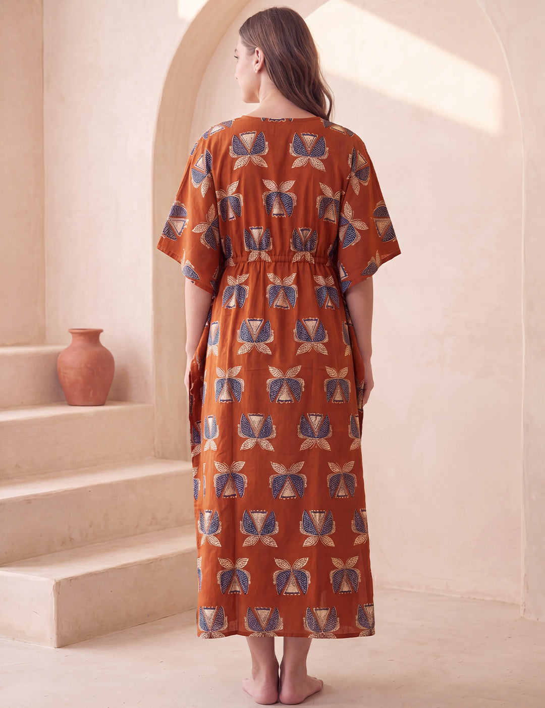 Rust Printed Cotton Maternity Kaftan