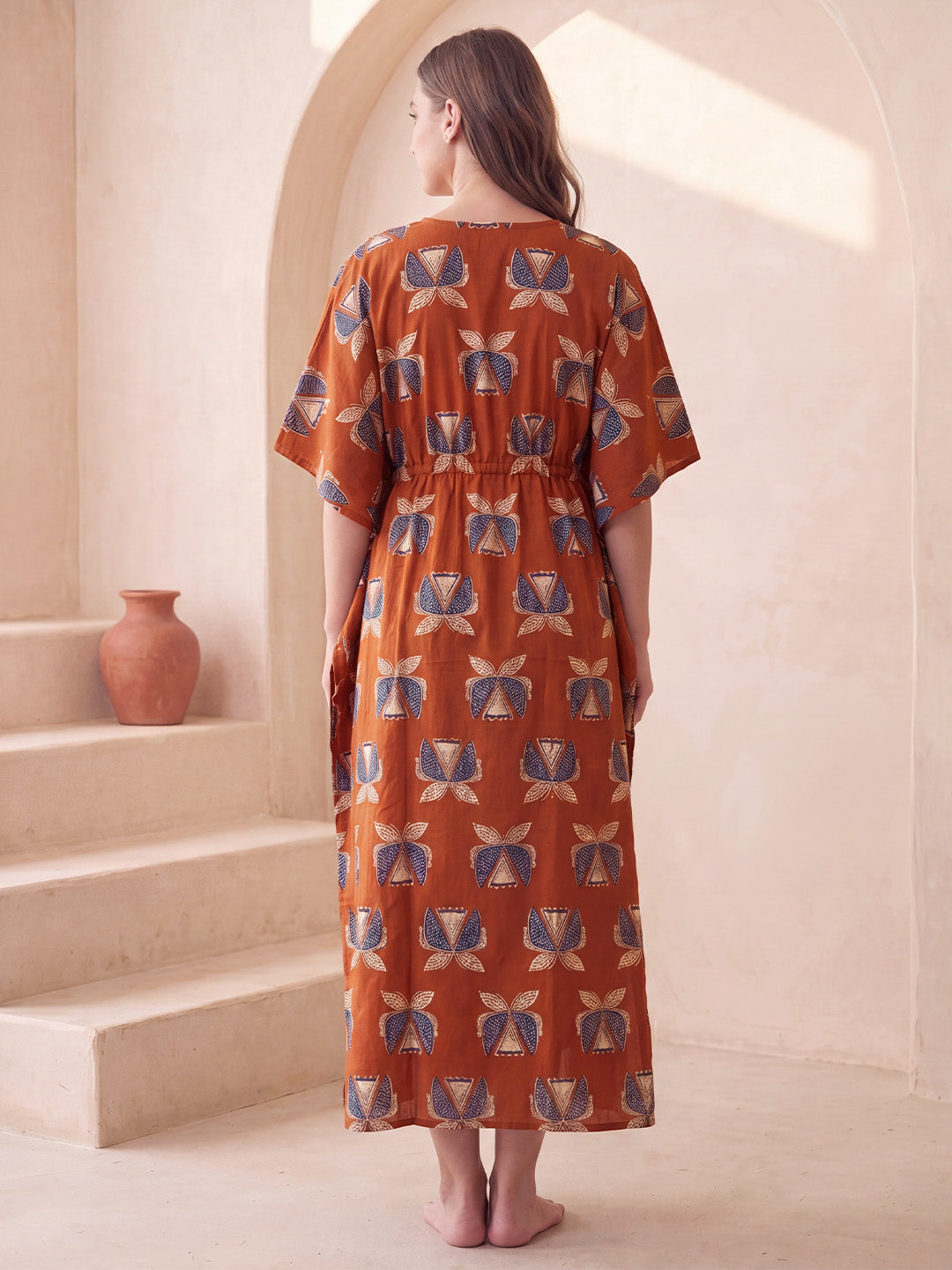 Rust Printed Cotton Maternity Kaftan