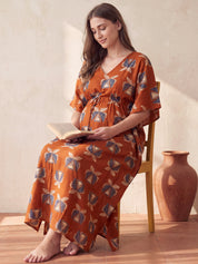 Rust Printed Cotton Maternity Kaftan