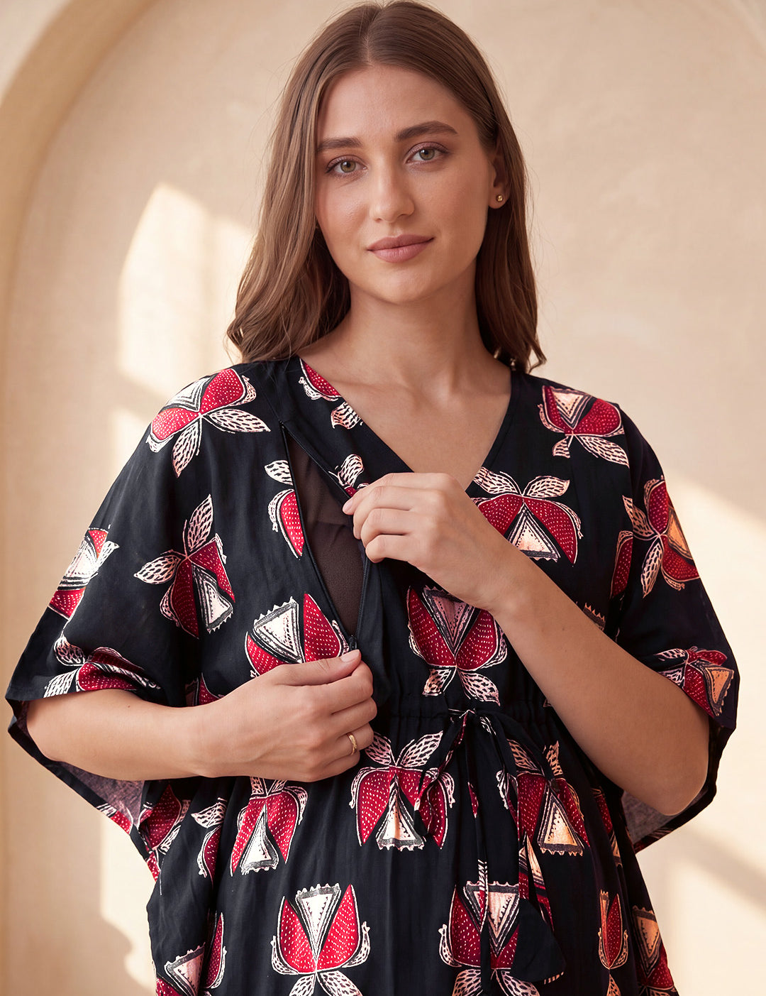 Black Printed Cotton Maternity Kaftan