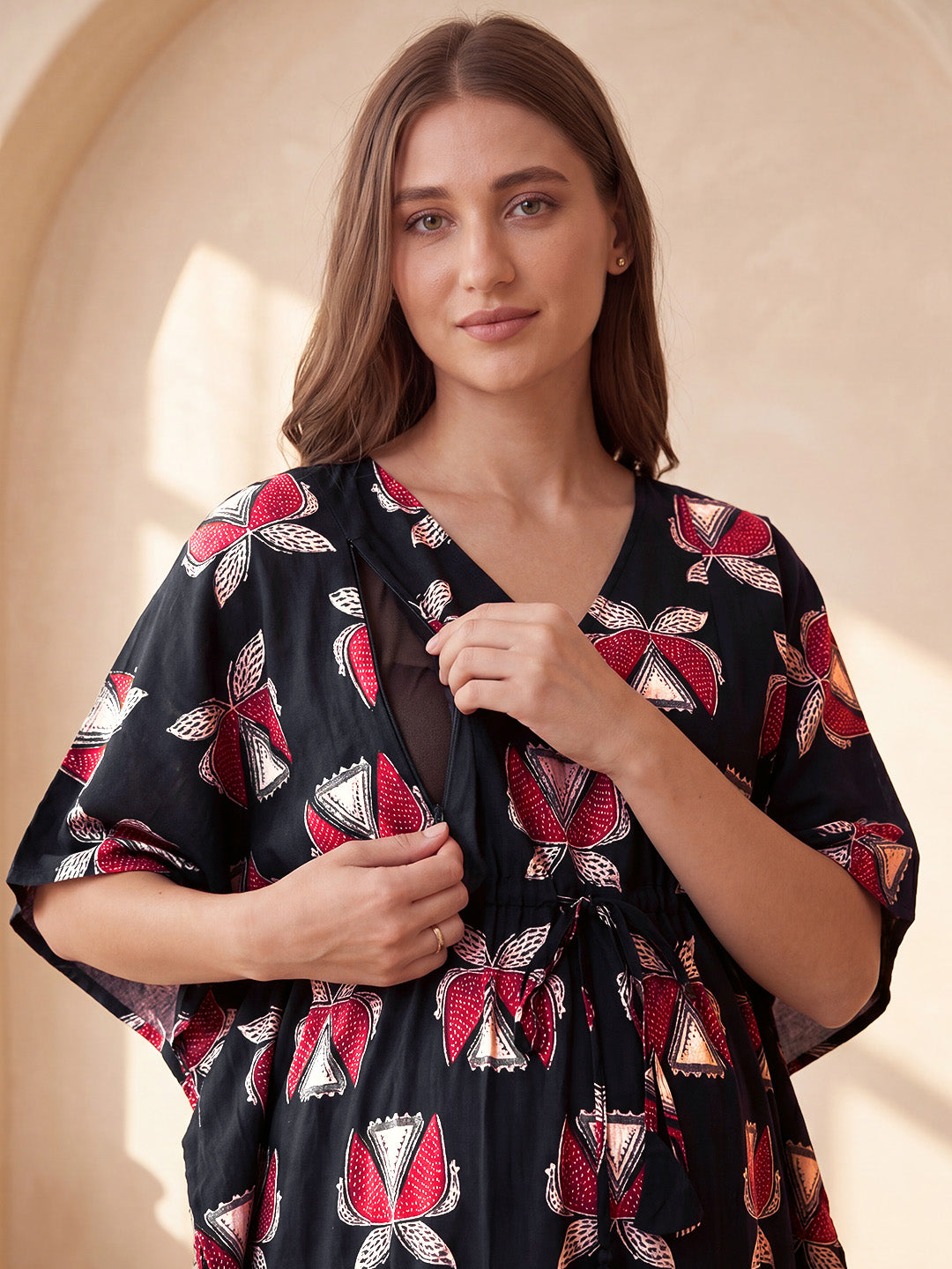 Black Printed Cotton Maternity Kaftan