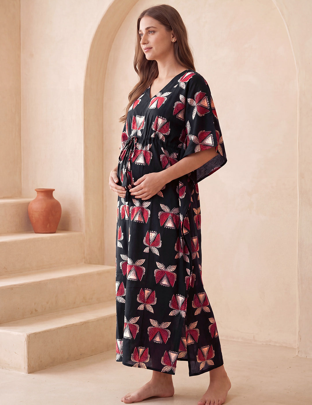 Black Printed Cotton Maternity Kaftan