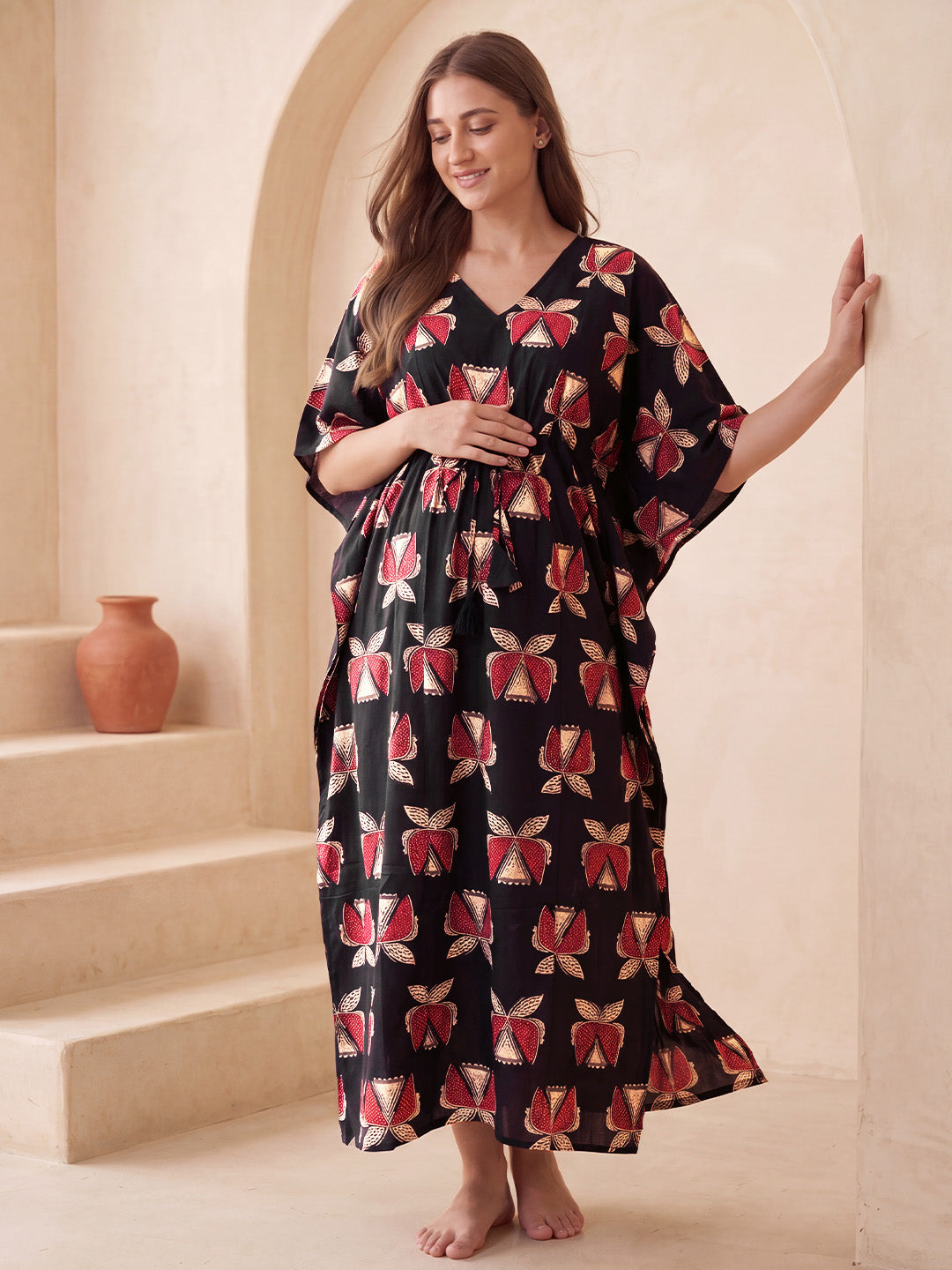 Black Printed Cotton Maternity Kaftan