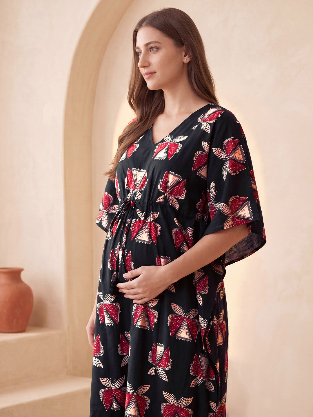 Black Printed Cotton Maternity Kaftan