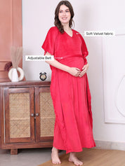 Solid Red Velvet Maternity Kaftan Full length