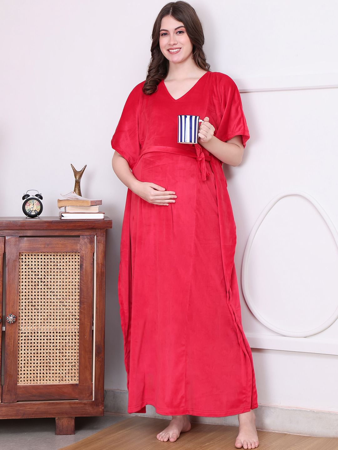 Solid Red Velvet Maternity Kaftan Full length