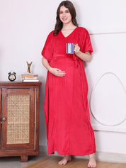 Solid Red Velvet Maternity Kaftan Full length