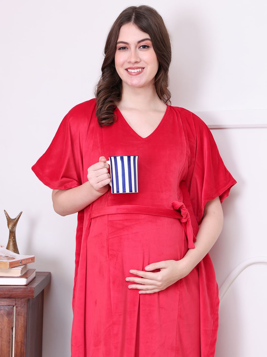 Solid Red Velvet Maternity Kaftan Full length