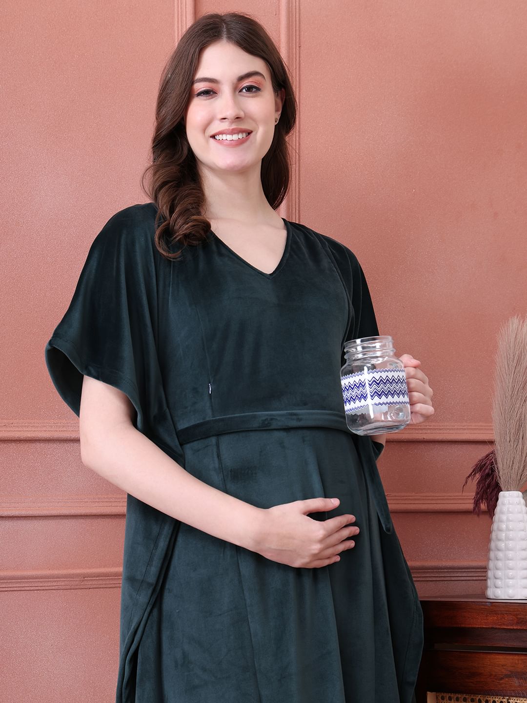 Buy Solid Green Velvet Maternity Kaftan Full Length Online at Secret Wish Buy Solid Green Velvet Maternity Kaftan Full Length Online at Secret Wish