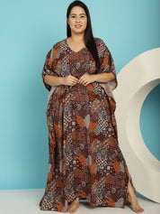 Brown Abstract Print Rayon Plus size Nighty