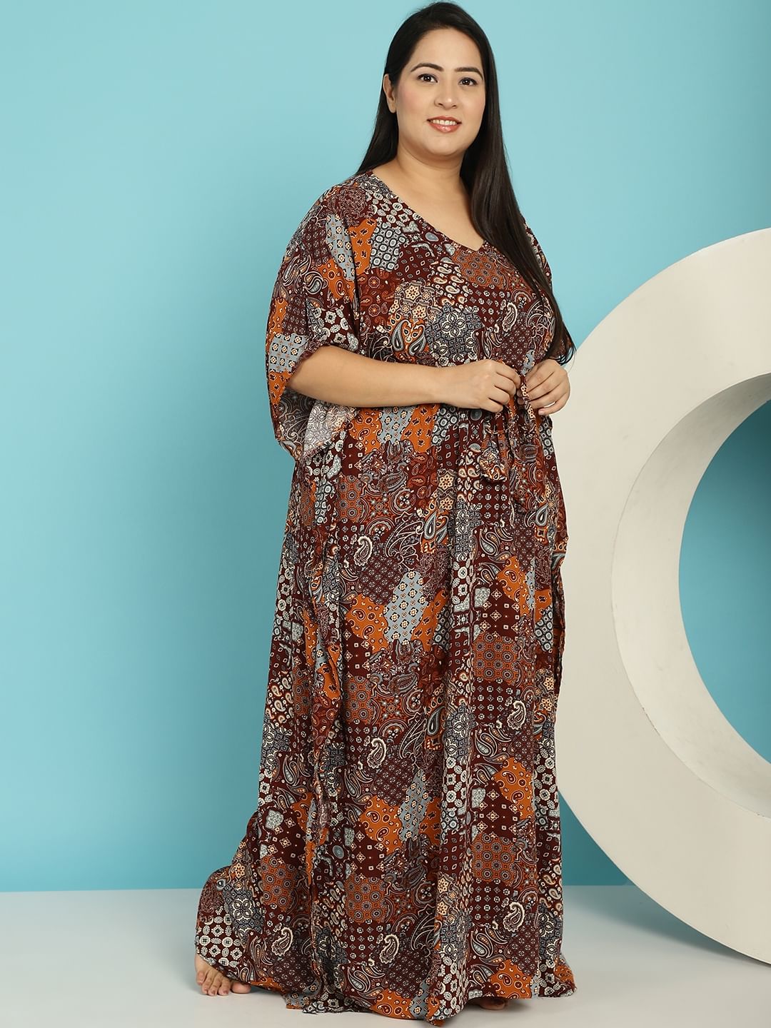 Brown Abstract Print Rayon Plus size Nighty