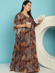 Brown Abstract Print Rayon Plus size Nighty