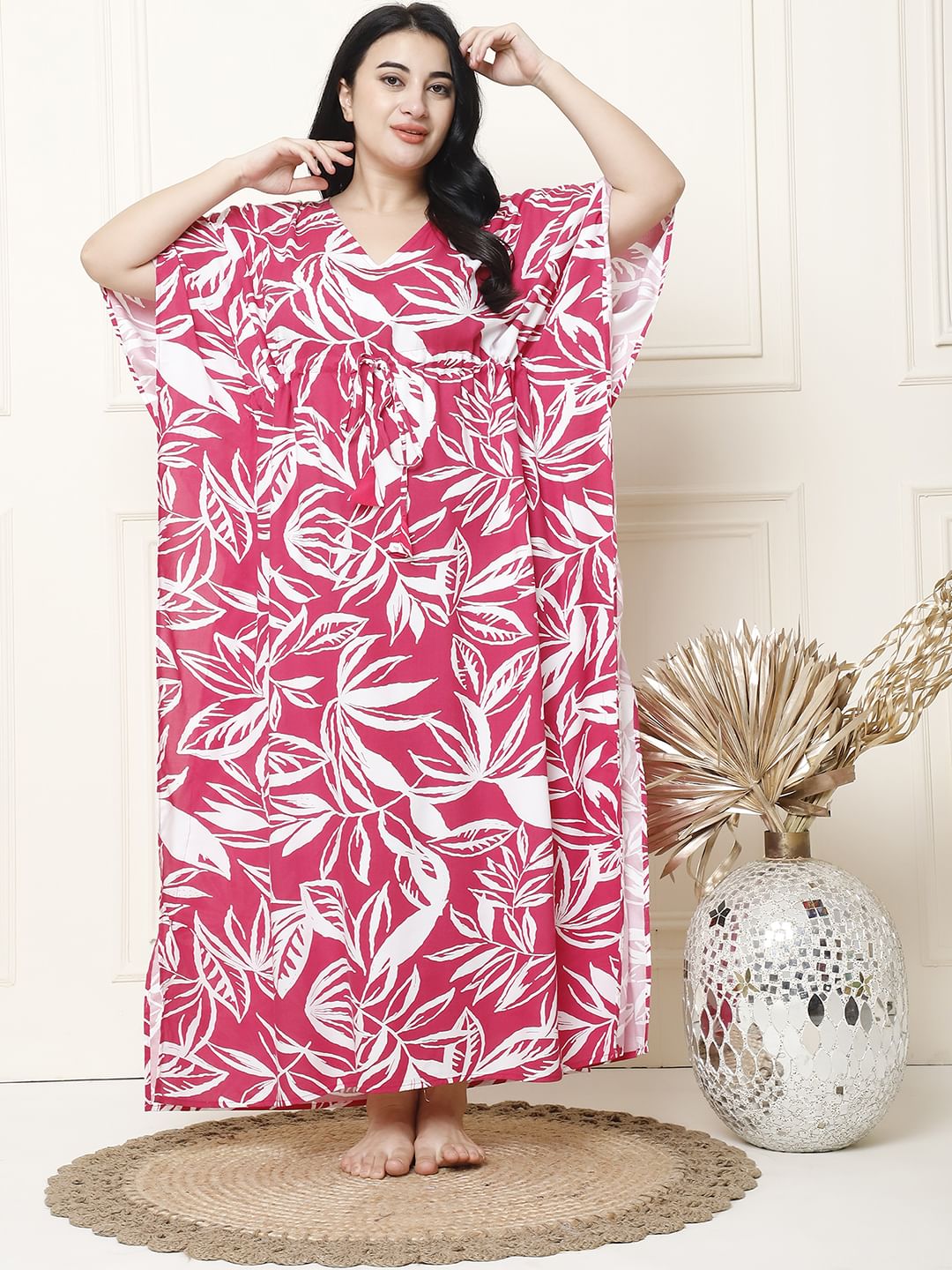 Floral Print Pink Rayon Plus Size Kaftan Full Length