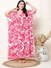 Floral Print Pink Rayon Plus Size Kaftan Full Length