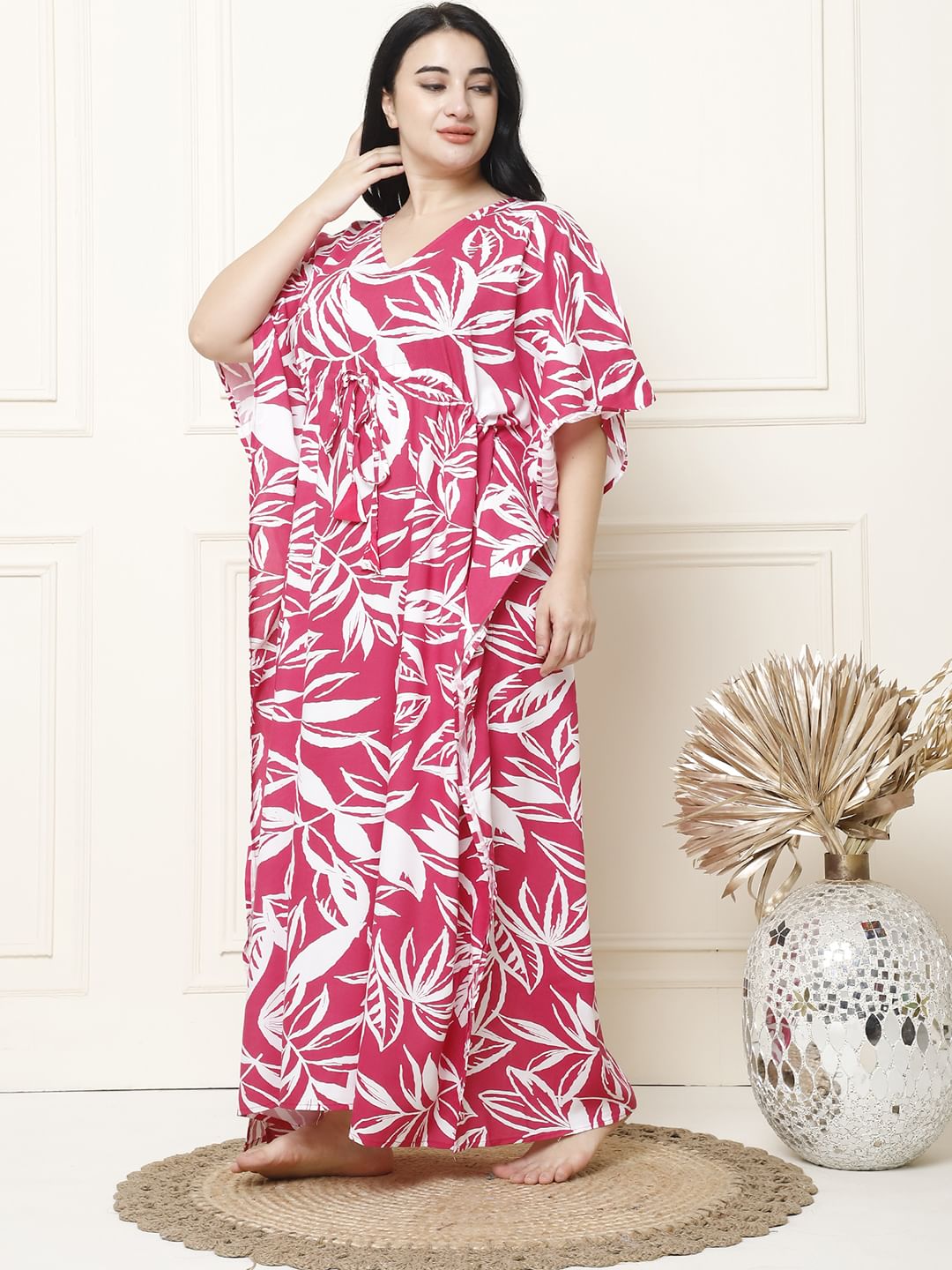 Floral Print Pink Rayon Plus Size Kaftan Full Length
