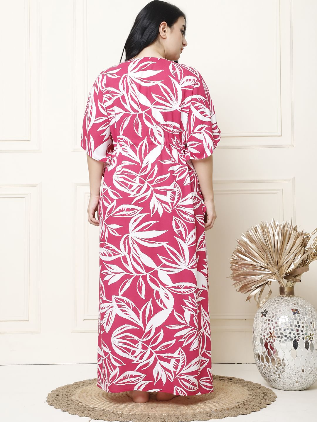 Floral Print Pink Rayon Plus Size Kaftan Full Length
