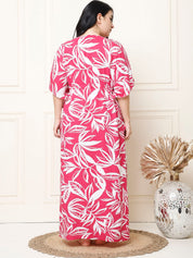 Floral Print Pink Rayon Plus Size Kaftan Full Length