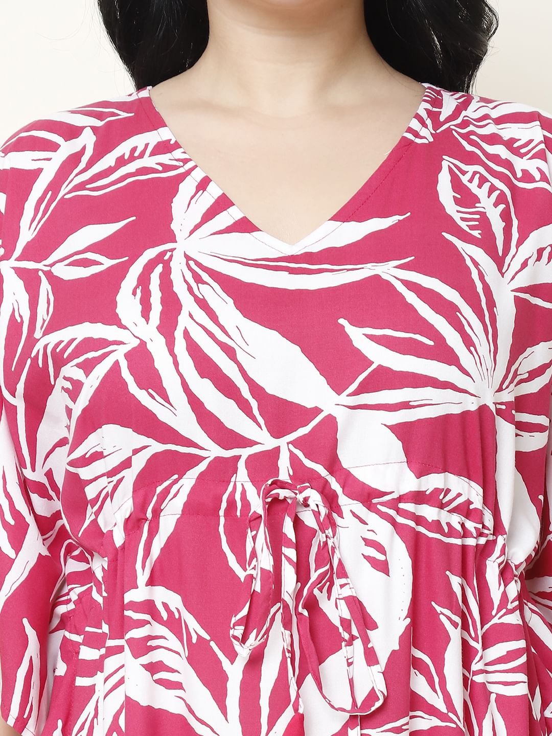 Floral Print Pink Rayon Plus Size Kaftan Full Length