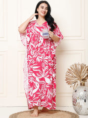 Floral Print Pink Rayon Plus Size Kaftan Full Length