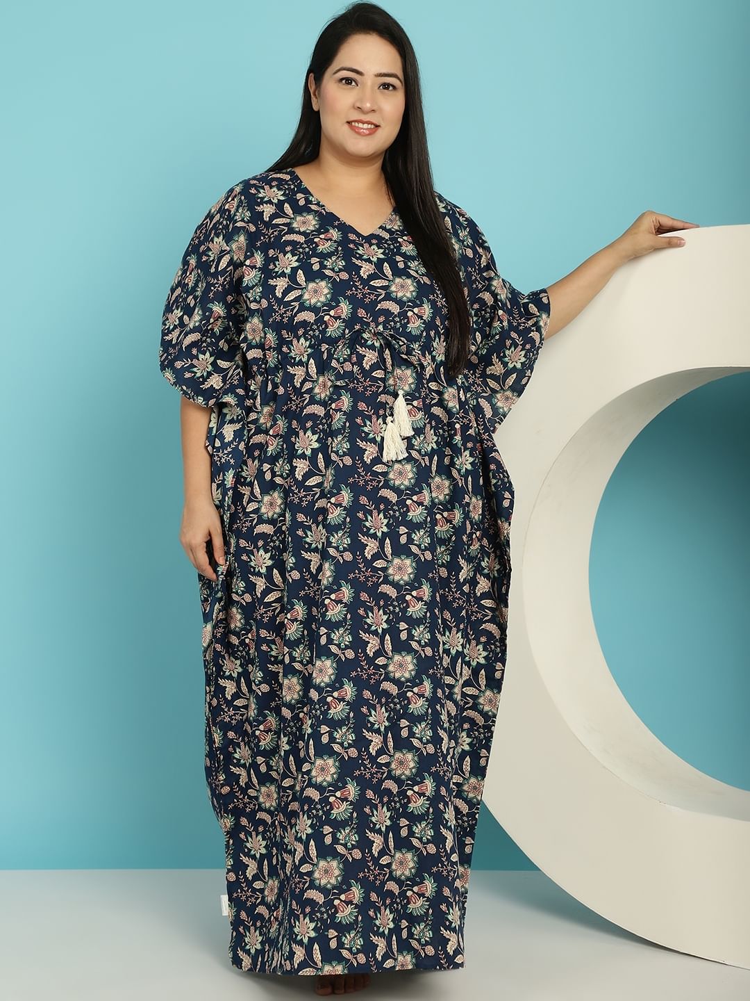 Navy Blue Floral Cotton Plus size Nighty