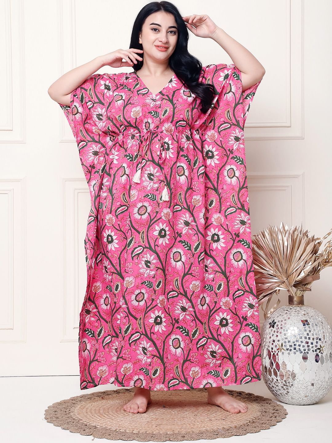 Floral Print Pink Cotton Plus Size Kaftan Full Length