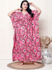 Floral Print Pink Cotton Plus Size Kaftan Full Length