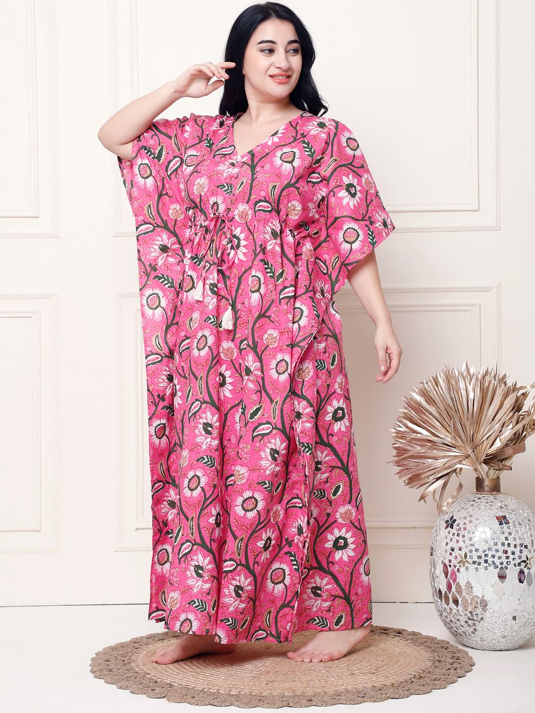 Floral Print Pink Cotton Plus Size Kaftan Full Length