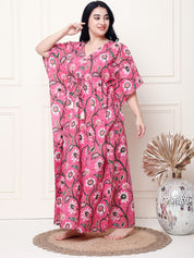 Floral Print Pink Cotton Plus Size Kaftan Full Length