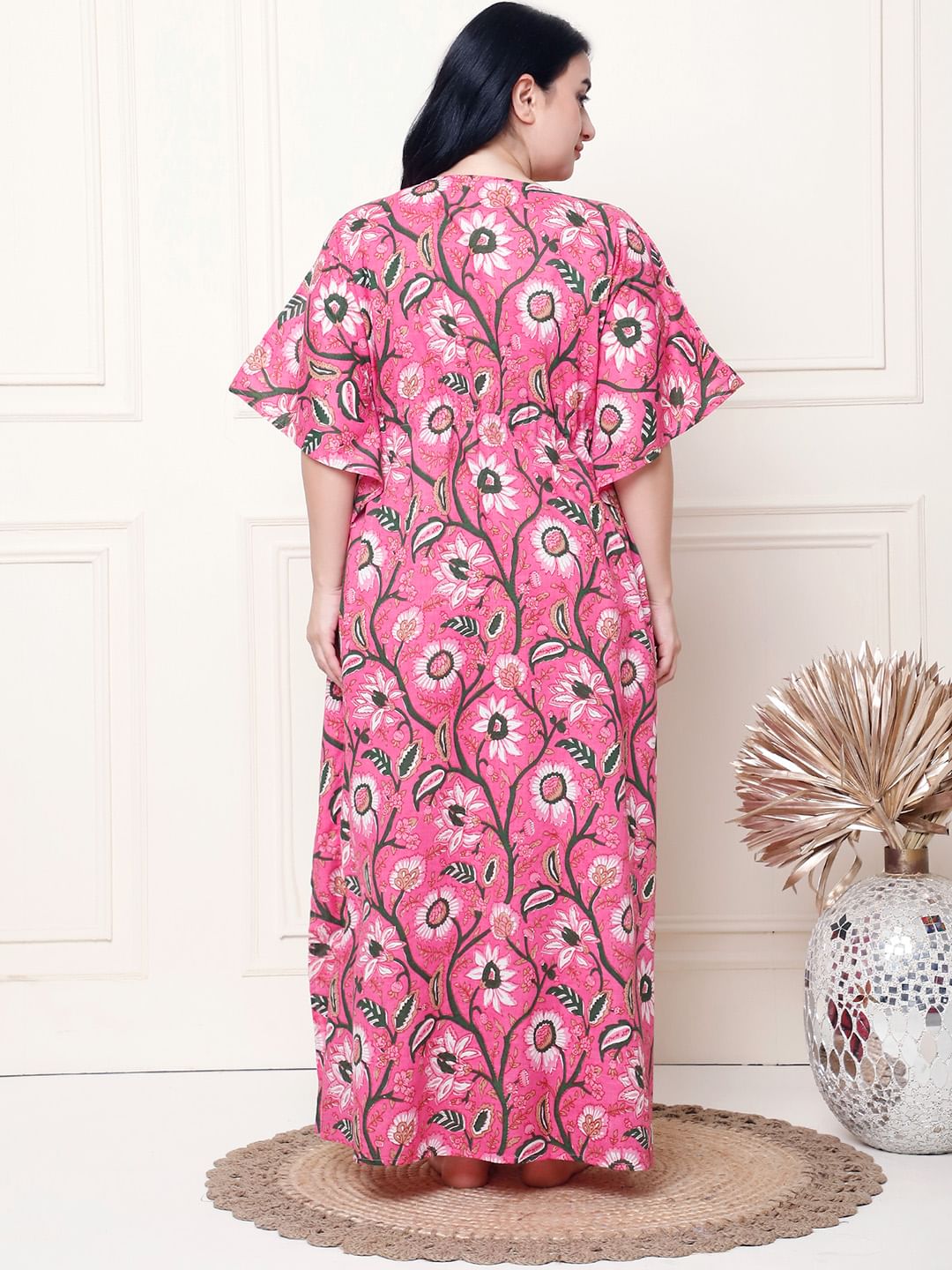 Floral Print Pink Cotton Plus Size Kaftan Full Length