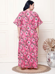 Floral Print Pink Cotton Plus Size Kaftan Full Length