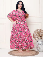 Floral Print Pink Cotton Plus Size Kaftan Full Length