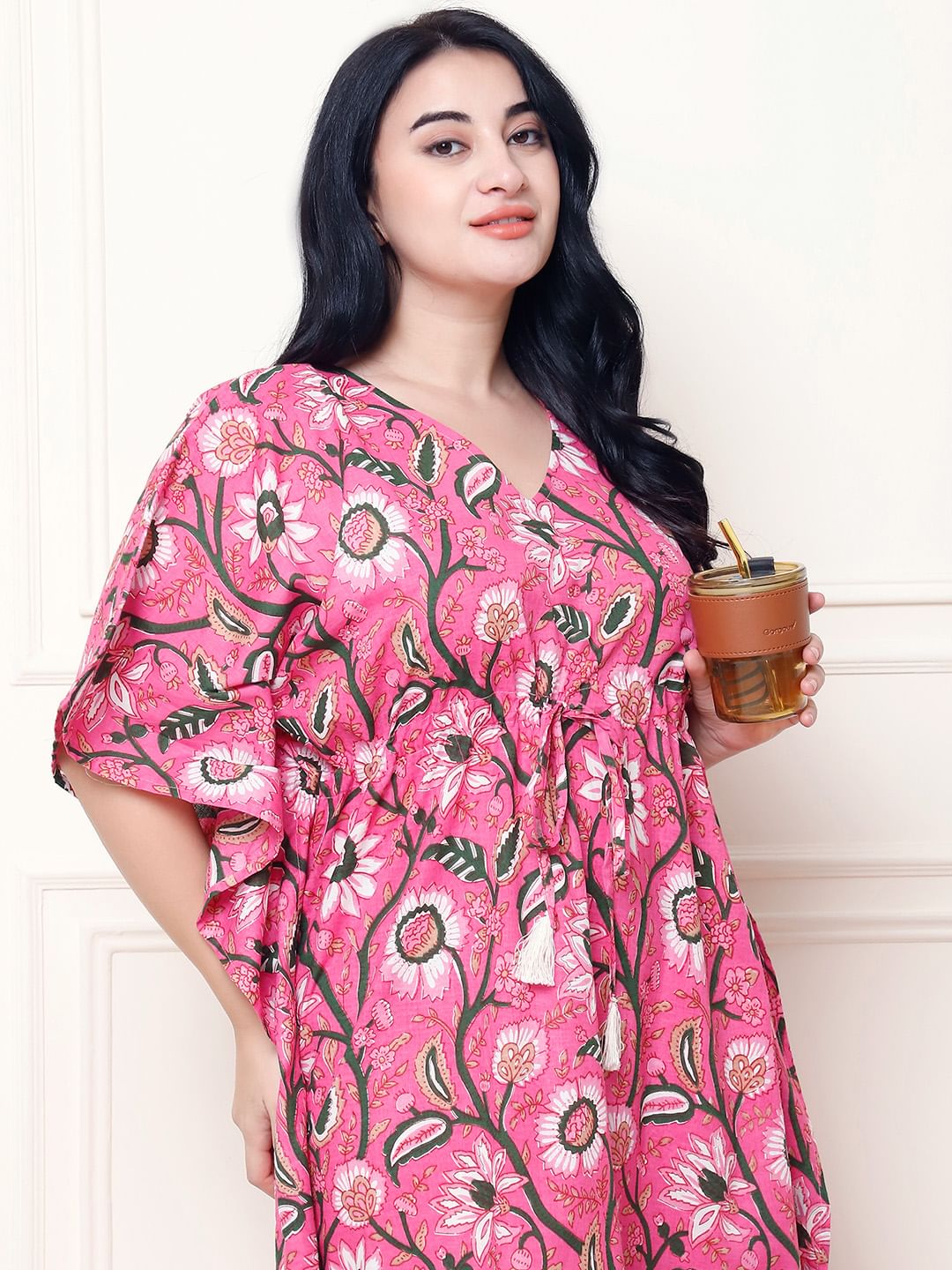 Floral Print Pink Cotton Plus Size Kaftan Full Length