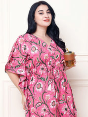 Floral Print Pink Cotton Plus Size Kaftan Full Length