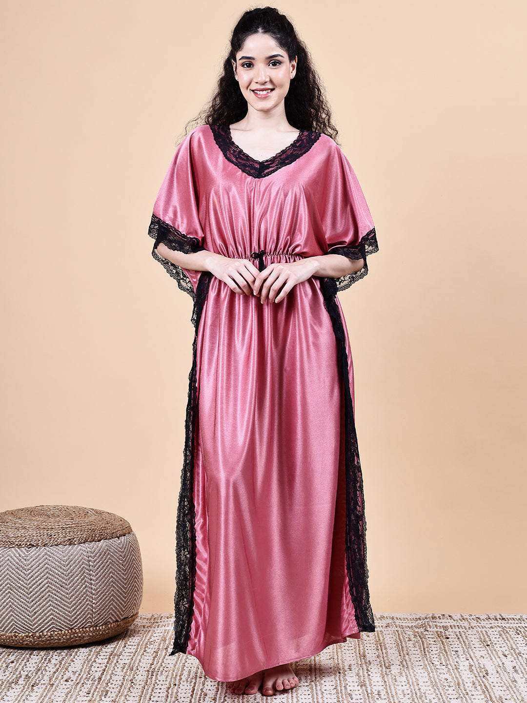 Peach Solid Satin Kaftan Nighty