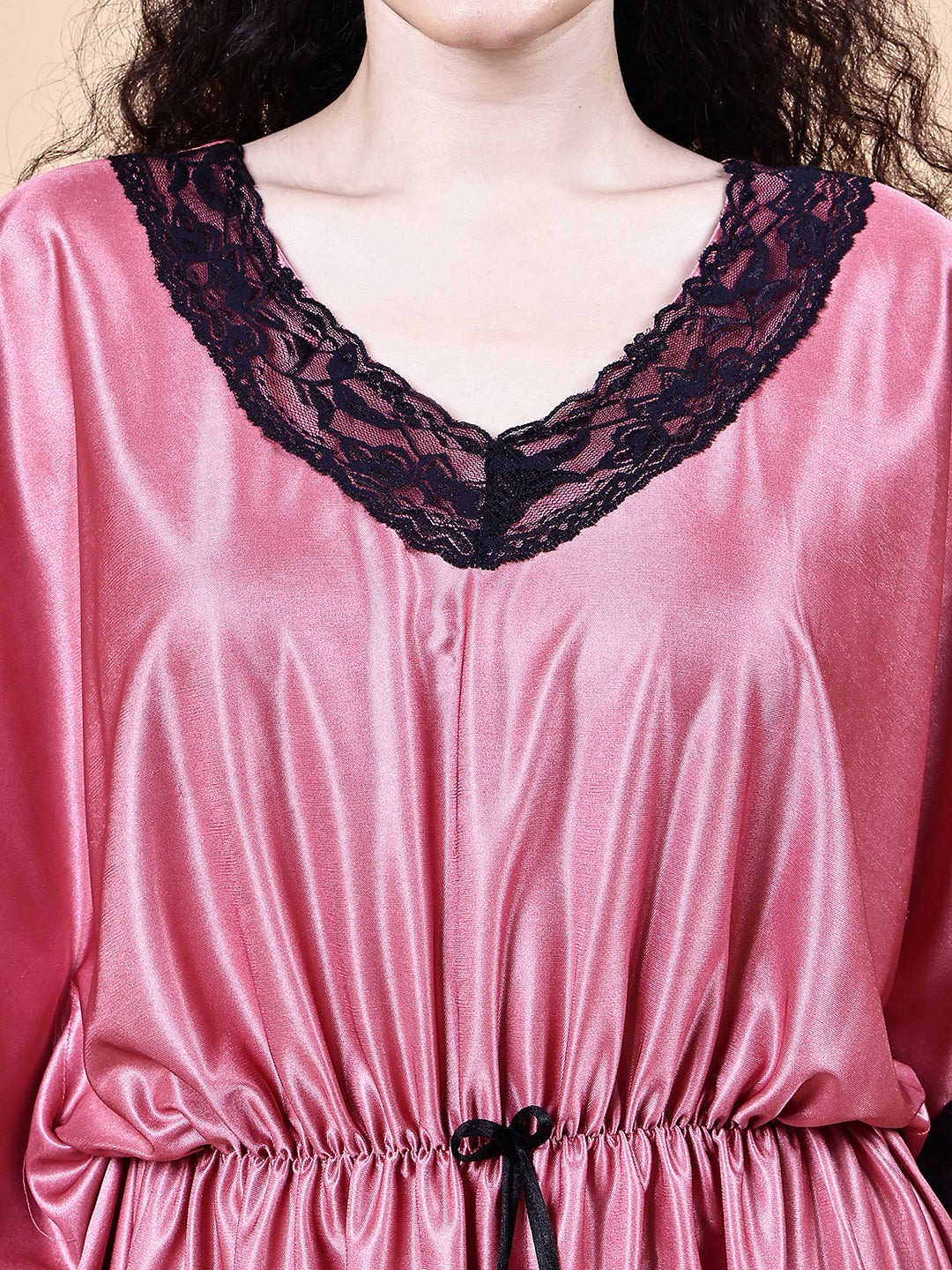 Peach Solid Satin Kaftan Nighty