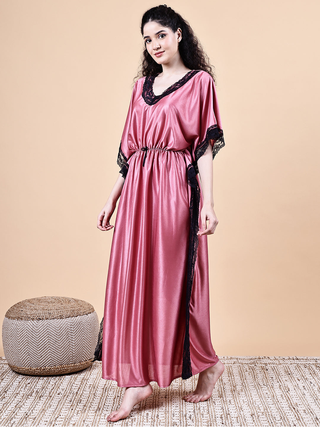 Peach Solid Satin Kaftan Nighty