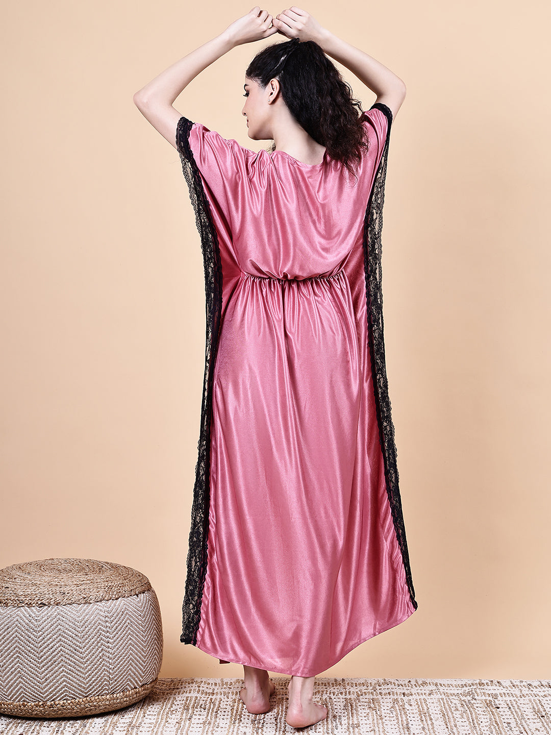 Peach Solid Satin Kaftan Nighty