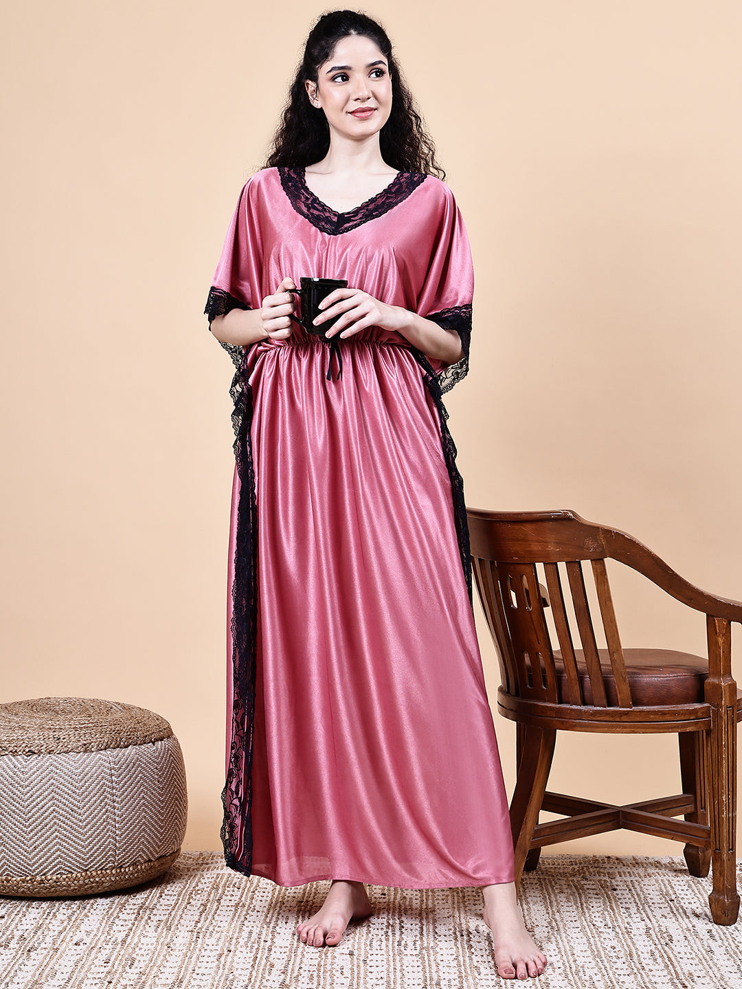 Peach Solid Satin Kaftan Nighty