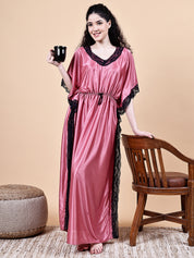 Peach Solid Satin Kaftan Nighty