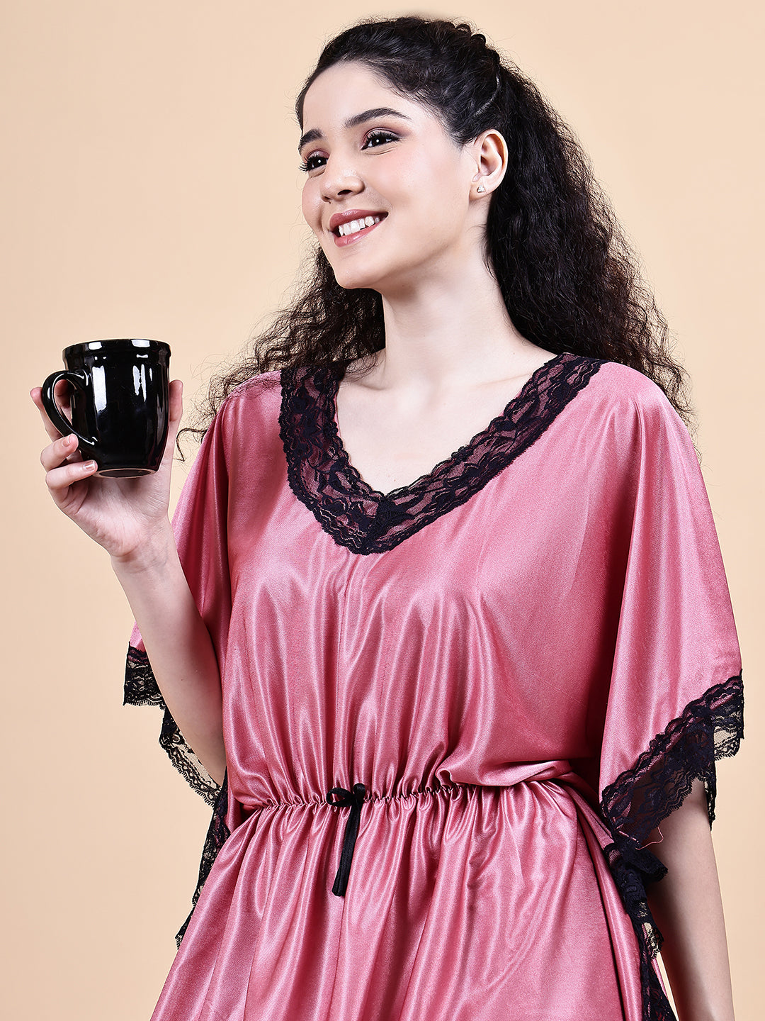 Peach Solid Satin Kaftan Nighty