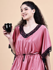 Peach Solid Satin Kaftan Nighty