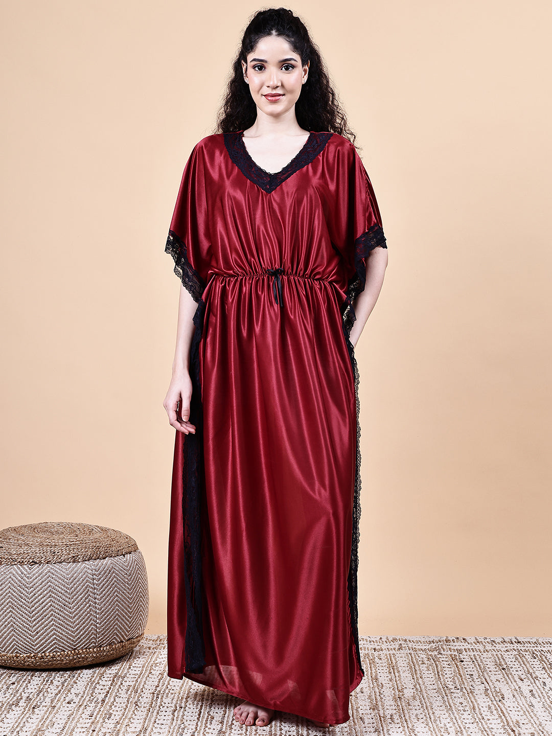 Maroon Solid Satin Kaftan Nighty