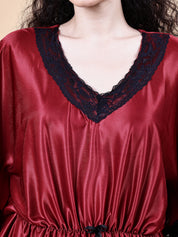 Maroon Solid Satin Kaftan Nighty