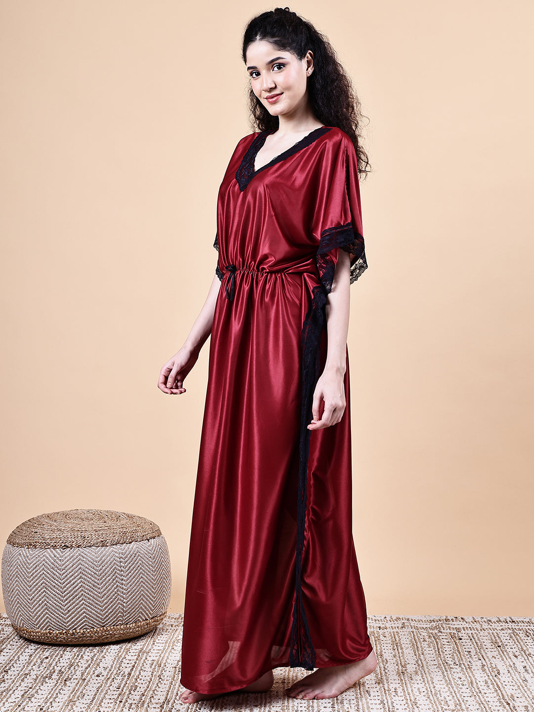 Maroon Solid Satin Kaftan Nighty