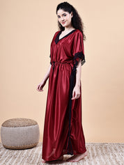 Maroon Solid Satin Kaftan Nighty