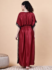 Maroon Solid Satin Kaftan Nighty