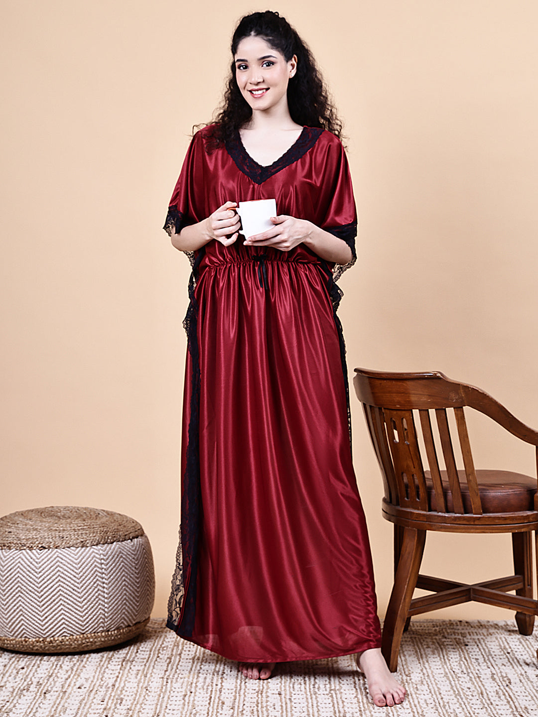 Maroon Solid Satin Kaftan Nighty