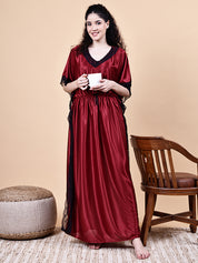 Maroon Solid Satin Kaftan Nighty